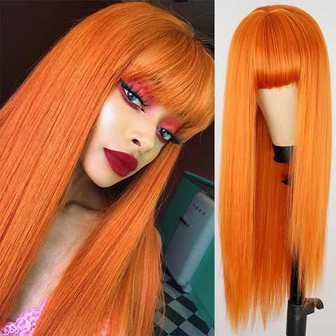 Blond long straight wig with bangs synthetic hair wig with bangs and women's wig black brown red heat-resistant wig 26 inches ► Photo 1/6