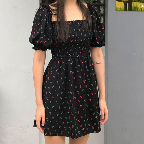 Square Collar Chiffon Floral Dress Kawai a Line Vestido Boho Chic Black Mini Vestidos Verano 2022 Korean Retro Cute Harajuku ► Photo 1/6