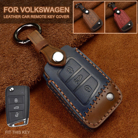 Handmade Leather Key Case Cover Remote Shell For VW Golf Polo Tiguan SkodaOctavia Kodiaq Karoq  Seat Ateca  Leon 2017-up ► Photo 1/6