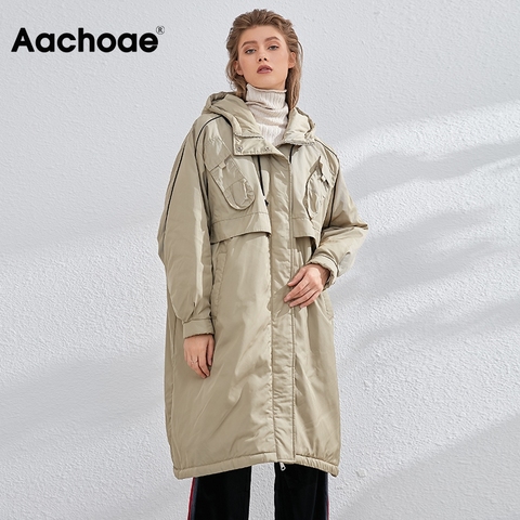 Aachoae Streetwear Loose Long Hooded Jacket Women White Duck Down Coat Female Fashion Pockets Decorate Warm Parkas Winter 2022 ► Photo 1/6