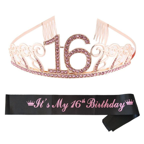 Sweet 16 Birthday Party Tiara Crown Headband Satin Sash for Girl 16th Birthday Princess Party Decoration Cake Topper Favor Gifts ► Photo 1/6