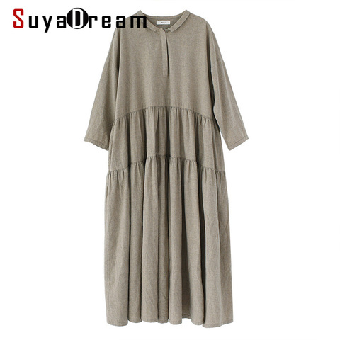 SuyaDream Women A-Line Long Dress 100%Linen 3/4 Sleeves Calf-Length Solid Loose Dresses 2022 ► Photo 1/1