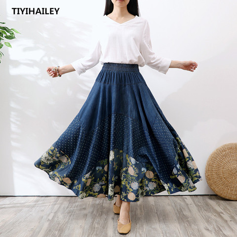 TIYIHAILEY Free Shipping 2022 Long Maxi A-line Skirts Women Elastic Waist Spring And Summer Denim Jeans Vintage Flower Print ► Photo 1/5