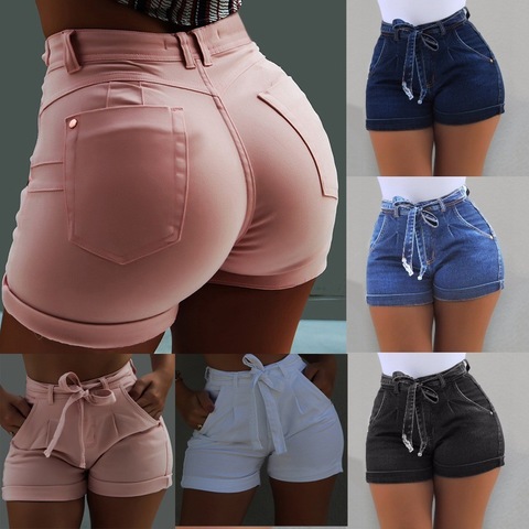 feminino Pockets Skinny Women Belted High Waist Washed Jeans Shorts Female Pockets Wash Denim high waist shorts ladies ► Photo 1/5