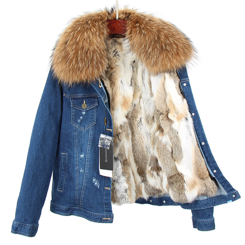 Maomaokong2022 new Natural raccoon fur collar real rabbit fur lining Women's winter warm hole denim coats and jackets ► Photo 1/6