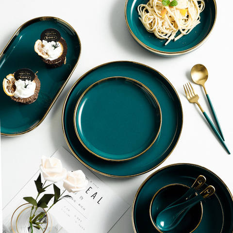 Luxury Gold Inlay White Green Ceramic dinner Plates Steak Plate Ceramic Bowl Spoon Saucer Food Plate Dinnerware Set Dropshipping ► Photo 1/5