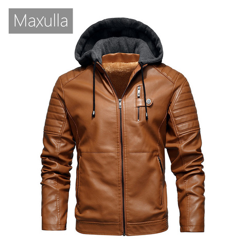 Maxulla Winter Men's Leather Jacket Mens Fleece Motorcycle Hooded Jackets Casual Outwear Thermal Leather Jackets Men Clothing ► Photo 1/6