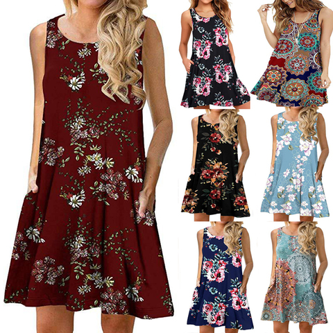 Women Summer Floral Print Casual Beach Cover Up Plain Pleated Tank Dress ► Photo 1/6