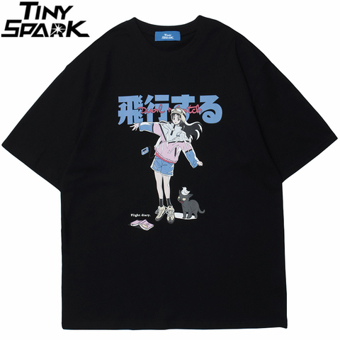 Hip Hop Cartoon Girl Cat Japanese Kanji Print T Shirt Streetwear Harajuku T-Shirt 2022 Men Summer Short Sleeve Tshirt Tops Tees ► Photo 1/6