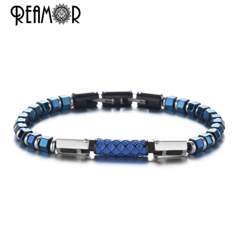 REAMOR Luxury Blue Enamel Craft Stainless Steel Connector Bracelets Men Women Blue Hematite Bangle With Detachable Clasp Jewelry ► Photo 1/6