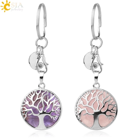 CSJA Natural Stone Keychains Silver Color Tree of Life Keyring Healing Crystal Car Bag Wallet Decor Keyholder for Women Men G498 ► Photo 1/6