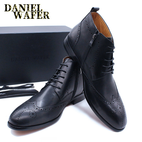 Handmade Men Ankle Boots Casual Leather Shoes Western Cowboy Boots Black Brown Wingtip Lace Up Wedding Office Dress Boots Men ► Photo 1/6