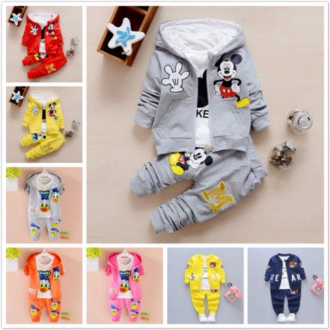 3pcs/set Boy Girl Clothes Baby Cartoon Mickey Mouse Donald Hooded Coat+T-shirt+Pants Kids Sport Suit Children Clothing Tracksuit ► Photo 1/6