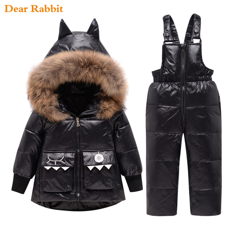 Parka Real Fur Hooded Boy Baby Overalls Girl Clothes Winter Down Jacket Warm Kids dinosaur Coat Child Snowsuit Snow Clothing Set ► Photo 1/6