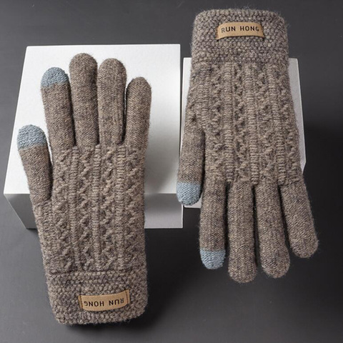 Unisex Winter Wool Knit Double Layer Thicken Elastic Nonslip Cycling Mittens Men Touch Screen Warm Full Finger Driving Glove H96 ► Photo 1/6