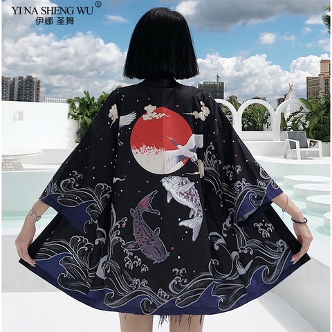 Japanese Fish Print Kimono Cardigan Harajuku Traditional Women Cosplay Yukata Female Obi Black Streetwear Haori Beachsafd Coat ► Photo 1/6