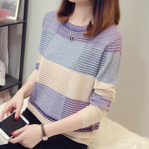 2022 Spring autumn women sweater Korean color matching loose striped long-sleeved pullover Knitwear autumn Hollow sweater NS4395 ► Photo 1/6