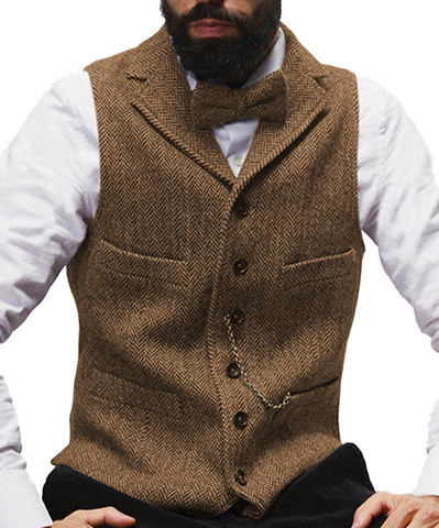 Mens Suit Vest Lapel V Neck Wool Herringbone Casual Formal Business Vest Waistcoat Groomman For Wedding Green/Burgundy/Brown ► Photo 1/6