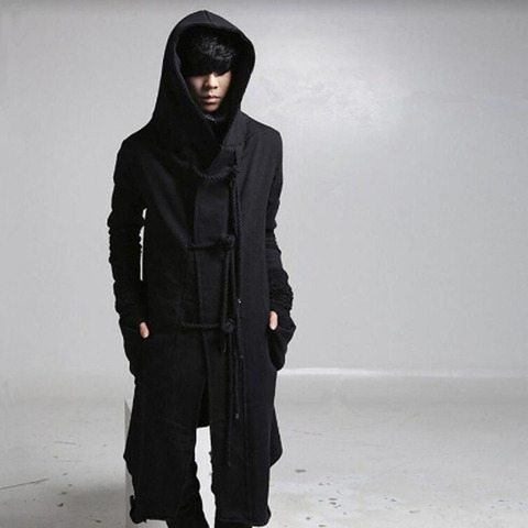 Winter men linen rope button hip hop long hoodie gothic hooded cloak nightclub DJ singer punk rock stage costume fleece hoodies ► Photo 1/6