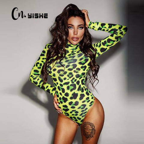 CNYISHE Women Long Sleeve Leopard Skin Prinetd Bodysuit Sexy Neon Green Streetwear Jumpsuit Skinny Leopard Tops Fashion Rompers ► Photo 1/6