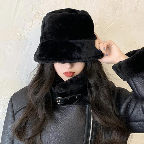 2022 Winter Bucket Hat Fashion Thick Warm Woolen Fleece Women Cap Solid Black Female Lady Fisherman Hats Outdoor Panama Caps ► Photo 1/6