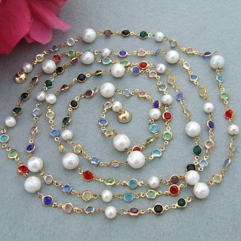 67'' natural freshwter White Round keshi Pearl  cubic zirconia  micro pave chain long Necklace gold color plated ► Photo 1/3