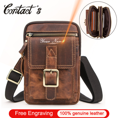 Contact's Vintage Man Shoulder Bag Crazy Horse Leather Flaps Men Crossbody Bags with Phone Pocket Travel Waist Pack Male Quality ► Photo 1/6