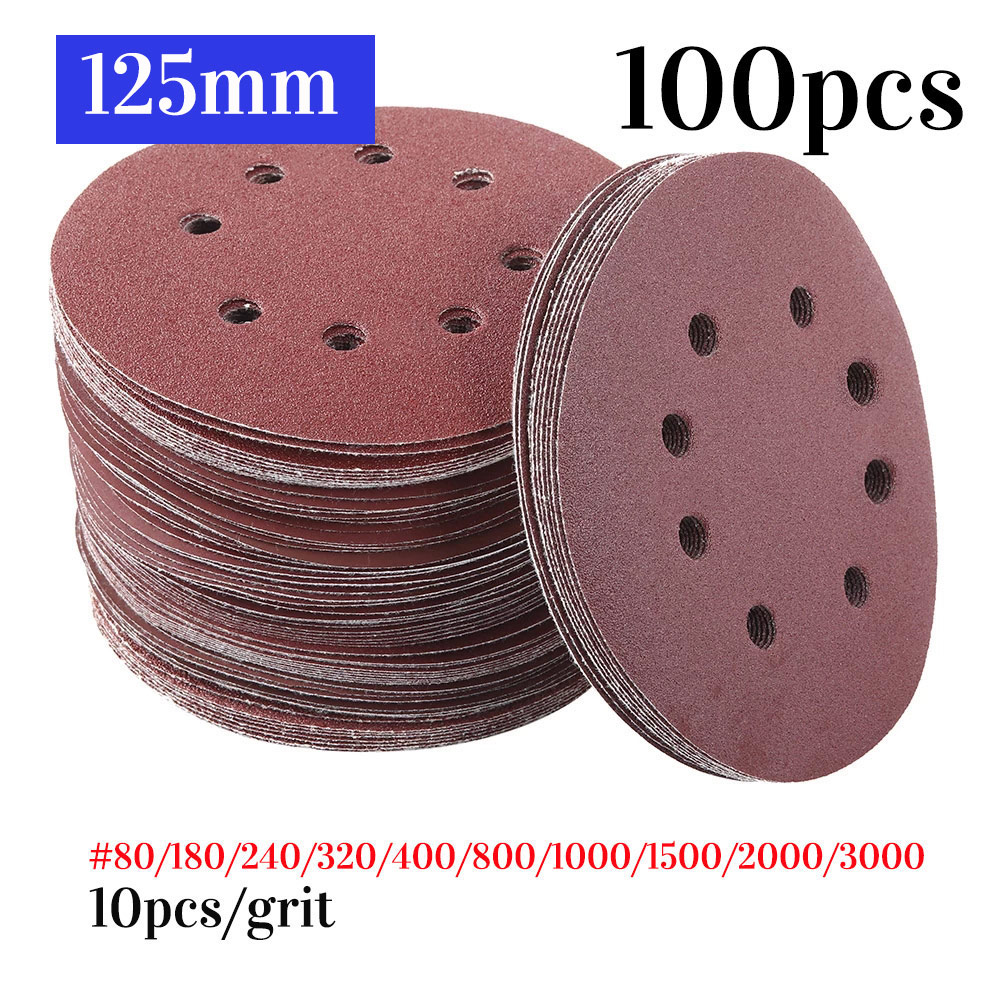 10PCS 25mm Dry Sanding Discs 5 inch Sandpaper Hook & Loop 8 Hole 40-3000 GRIT 