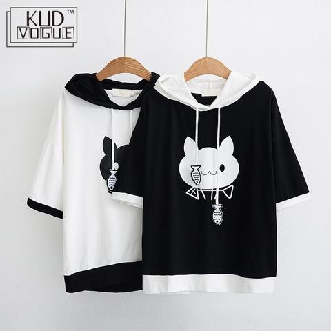 Summer Japanese Style Cute Ear Girls Hoodies Harajuku Women Casual Short Sleeve Cat And Fish Printed Hooded Pullovers Sweatshirt ► Photo 1/6