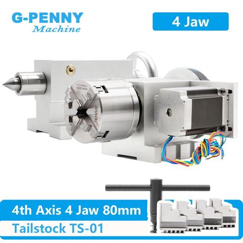 4 Jaw 80mm  4th Axis+Tailstock CNC dividing head Rotation Axis/ A axis kit  for Mini CNC router/engraver wood working engraving ► Photo 1/6