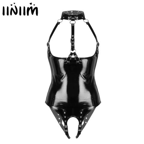 Womens Exotic Bodysuit Open Crotch Sissy Latex Costume Wetlook Patent Leather Lingerie Halter Neck Bare Breast Crotchless Buckle ► Photo 1/6