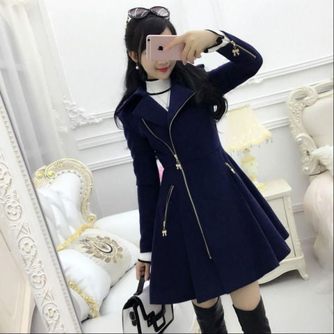2022 Autumn Winter Women Coats Dark Blue Lady Clothing Zipper Woolen Coat Mid-length Slim ► Photo 1/6