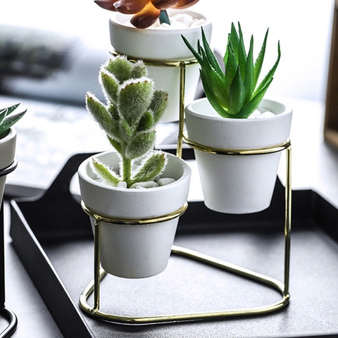 Iron Desktop Three Sets Of Flowerpot Succulent Plant Round Cement Pot With Simple Iron Rack Home Decoration ► Photo 1/6