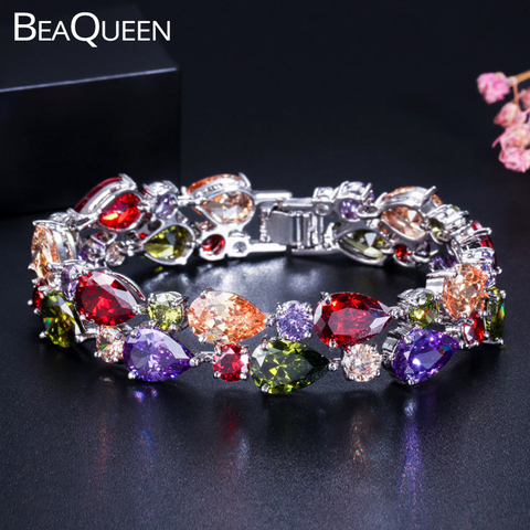 BeaQueen Gorgeous Big Green Purple Red Teardrop Cubic Zirconia Stone Connected Wide Women Wedding Bracelets Bangles B028 ► Photo 1/6