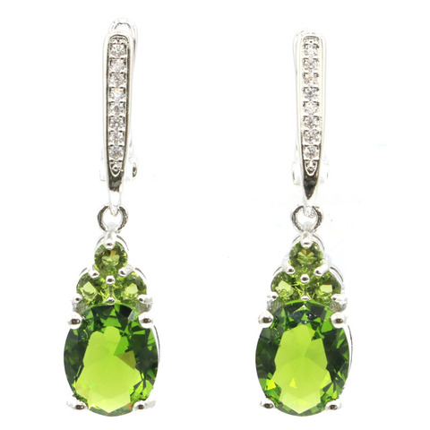 32x8mm Classic SheCrown Drop Shape Green Peridot White CZ Gift For Woman's Jewelry Making 925 Silver Earrings ► Photo 1/3