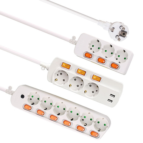 Extension Cord 1.5/2.5M Power Strip10/16A 250V Overload Protection Individually Switched EU plug 2/3/4/5/6 Extension Socket USB ► Photo 1/6