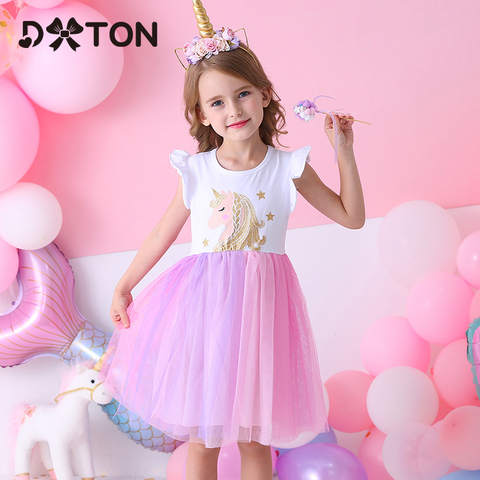 DXTON Unicorn Summer Girls Dress Flare Sleeve Kids Tutu Dress Patchwork Girls Party Vestidos Rainbow Cartoon Children Dress 3-8Y ► Photo 1/6