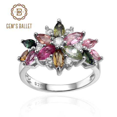 GEM'S BALLET Natural Multicolor Gemstone Flower Ring Real 925 Sterling Silver Tourmaline Rings For Women Engagement Jewelry ► Photo 1/1
