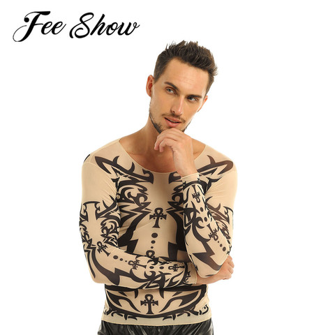 FEESHOW Men Fake Tattoo Design Elastic Long Sleeve T-Shirt Sweater Tattoo Mesh O-Neck Tee For Halloween Costumes Carnival Shirts ► Photo 1/6