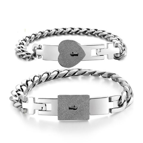 2Pcs Tone Stainless Steel Lover Heart Love Lock Bracelet with Lock Key Bangles Kit Couple Gift ► Photo 1/6