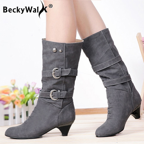 2022 New Fashion Women Boots Chunky Heeled Casual Round Toe Woman Shoes Autumn Winter Mid-Calf Boots Women with Buckle  WSH3476 ► Photo 1/6