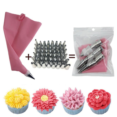 50pcs Pink Silicone Pastry Bags Tips 48 Icing Piping Nozzles + Cream Reusable Pastry Bags Cake Decorating Tools Pastry Nozzles ► Photo 1/6