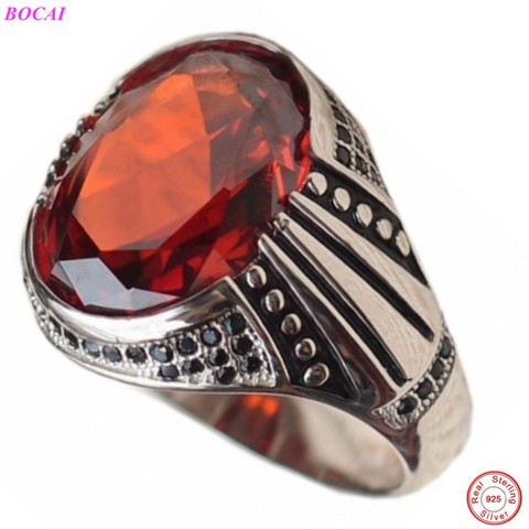 BOCAI s925 sterling silver rings  New fashion natural garnet Inlaid zircon 100% real Thai silver personality trend mens's rings ► Photo 1/6