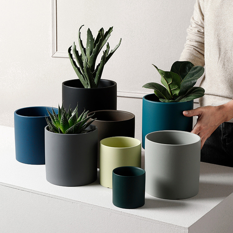 Nordic Industrial Style Colorful Ceramic Flowerpot Succulent Planter Green Plants Cylindrical Shape Flower Pot With Hole Tray ► Photo 1/6