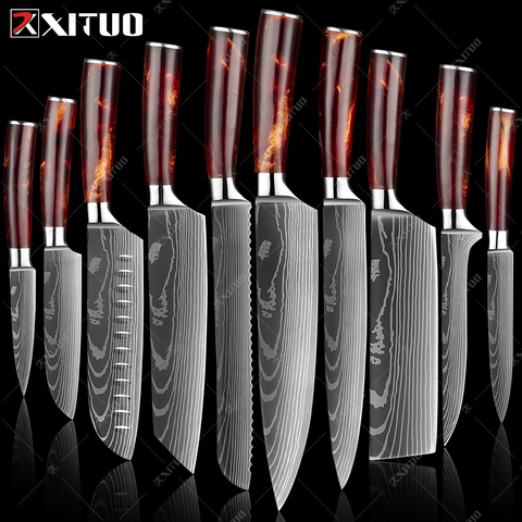XITUO kitchen knives Set Laser Damascus pattern chef knife Sharp Santoku Cleaver Slicing Utility Knives Resin Handle Best Gift ► Photo 1/6