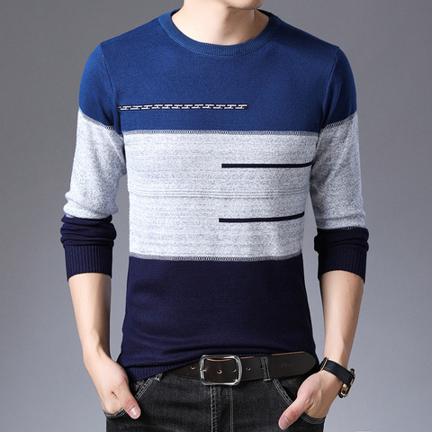 2022 Autumn Winter Pullover Men Round Collar Striped  Cotton Sweaters Slim Fit Pull Homme Knitwear ► Photo 1/4