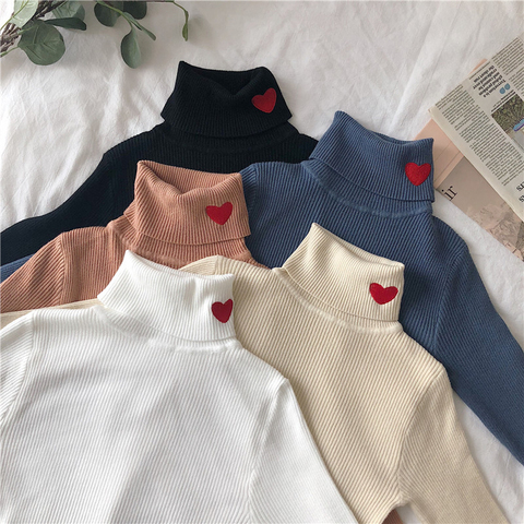 2022 Knitted Women Sweater Ribbed Pullovers Heart Embroidery Turtleneck Autumn Winter Basic Women Sweaters Fit Soft Warm Tops ► Photo 1/6