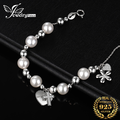 JewelryPalace 7mm Simulated Shell Pearl Angel Flower Cross Bangle Bracelet 925 Sterling Silver Bracelet For Baby Jewelry Making ► Photo 1/6