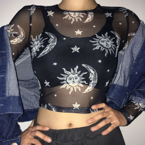 2022 Women Sexy Harajuku Mesh Tops Long Sleeve See Through T Shirt Transparent Sun Moon Star Print T-shirt Femininas Clubwear ► Photo 1/6