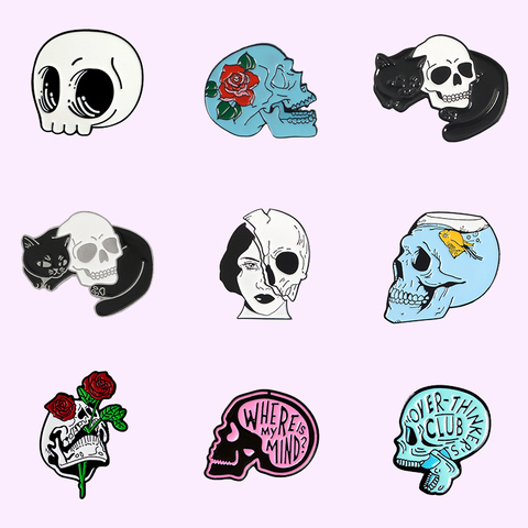 Punk Gothic Skull Series Enamel Pins Cat Rose Skeleton Brooches Halloween Badge Lapel Pin Jewelry Gift for Friends Wholesale ► Photo 1/6